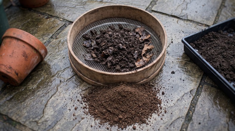 Fine dark crumbly two year old leaf mould sieved for seed compost in a UK garden