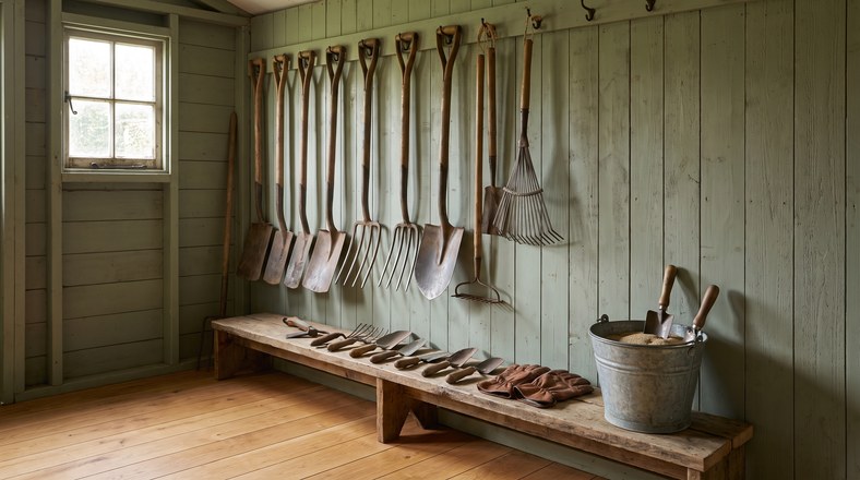Garden tools hung off the floor in a dry shed for winter storage in the UK