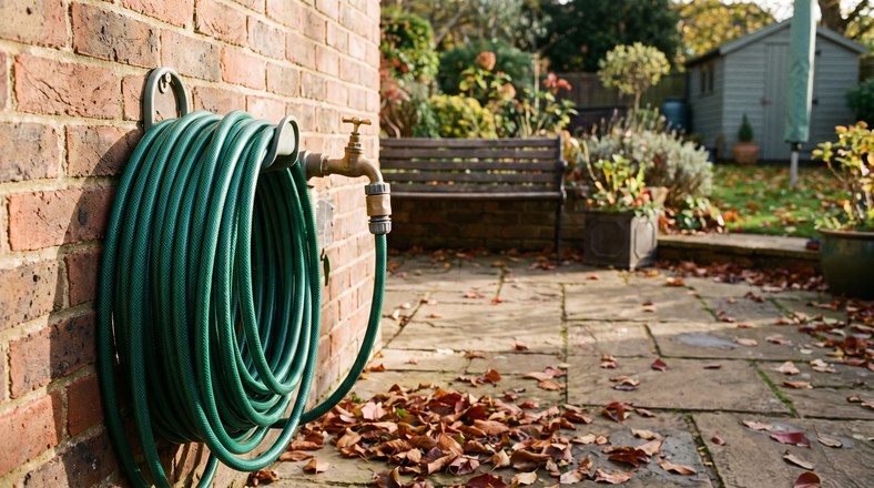 Garden hose stored on a wall hook and disconnected from the outside tap before winter frost