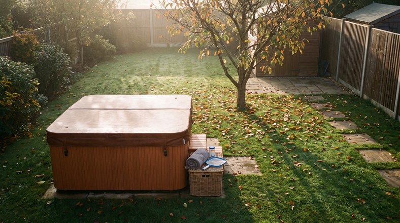 Covered hot tub in an autumn UK garden with test strips and skimmer net ready to prevent cloudy water