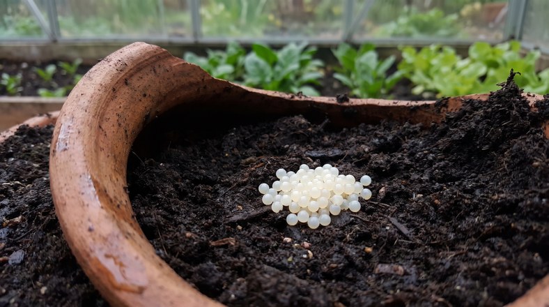 Cluster of white slug eggs found under a pot during an autumn tidy-up in a UK greenhouse